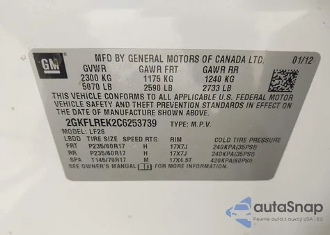 2012 GMC Terrain Sle-1 z USA, uszkodzony, nr VIN 2GKFLREK2C6253739